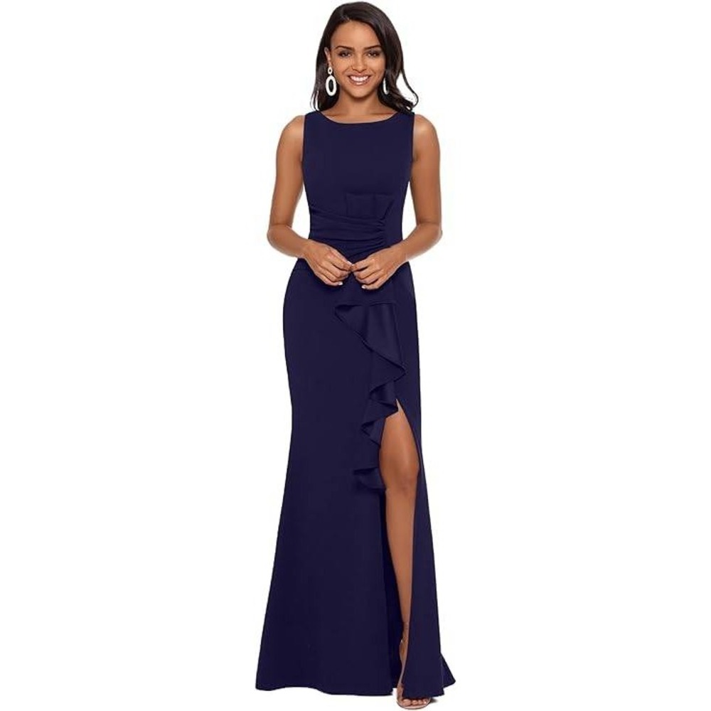 Betsy & Adam Gown Women Size 4 NWT Navy Blue Ruffle Front Formal Dress side slit